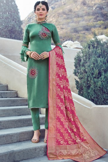 Green Embroidered And Stone Work Designer Salwar Suit And Santoon Bottom