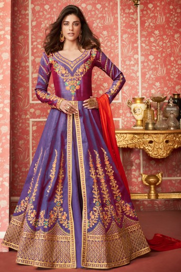 Admirable Silk Embroidered Purple Anarkali Suit With Nazmin Dupatta