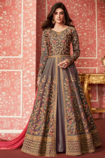 Solid Grey Embroidered Silk Anarkali Suit With Nazmin Dupatta