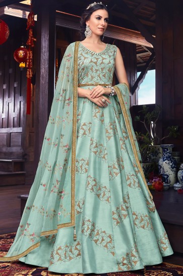 Sky Blue Thread And Embroidery Work Designer Silk Abaya Style Anarkali Suit With Net Dupatta