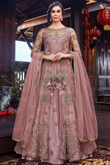 Embroidered And Thread Work Wine Net Fabric Abaya Style Anarkali Suit And Dupatta