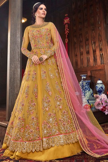 Heavy Designer Yellow Thread Work Net Fabric Abaya Style Anarkali Suit And Dupatta