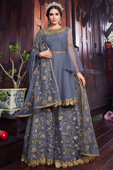 Net Fabric Charcoal Embroidered Abaya Style Solid Plazzo Suit And Dupatta