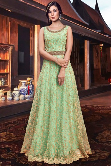 Excellent Sea Green Embroidery Work Tussar Silk Abaya Style Anarkali Suit And Silk Bottom