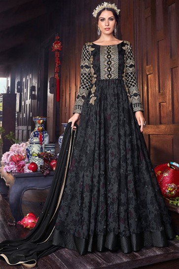 Embroidery And Thread Work Organza Fabric Black Abaya Style Anarkali Suit With Chiffon Dupatta