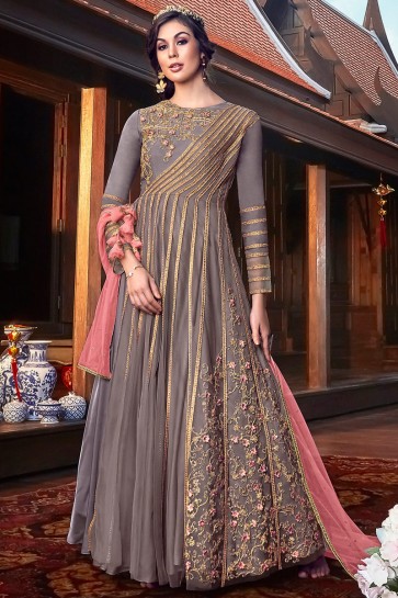Embroidery And Thread Work Grey Net Fabric Anarkai Suit And Santoon Bottom