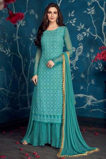 Beautiful Aqua Embroidered Georgette Plazzo Suit With Cotton Dupatta