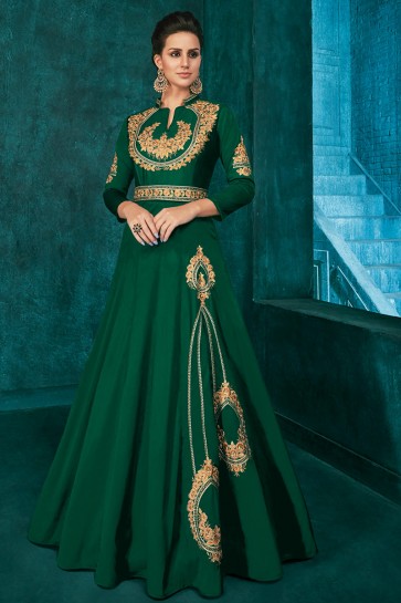 Dazzling Mehendi Green Silk Embroidered Excellent Gown