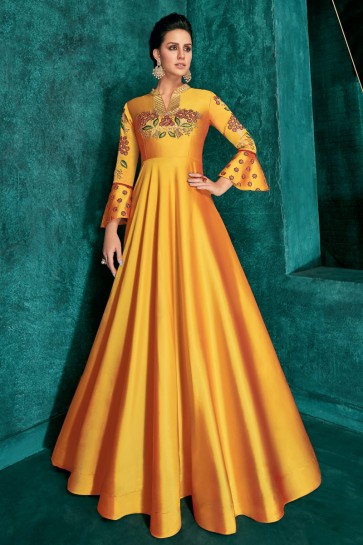 Delightful Yellow Embroidered Designer Silk Fabric Gown