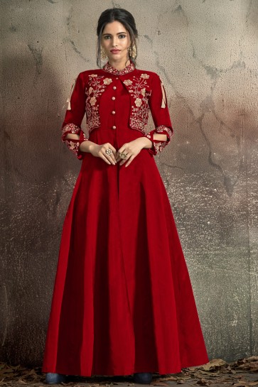 Party Wear Red Tapeta Embroidered Gown