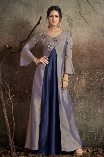 Solid Grey And Navy Blue Embroidered Designer Tapeta Anarkali Suit With Nazmin Dupatta