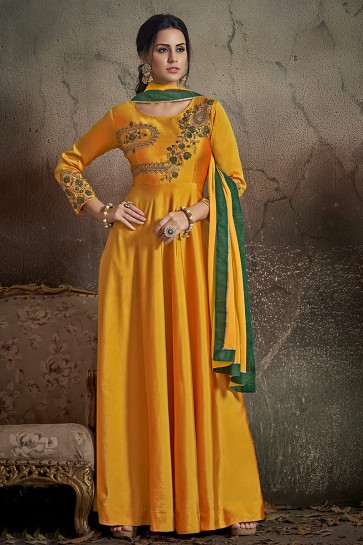 Admirable Yellow Embroidered Tapeta Anarkali Suit With Nazmin Dupatta