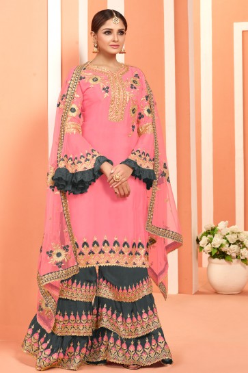 Charming Pink Embroidered And Lace Work Faux Georgette Plazzo Suit With Net Dupatta