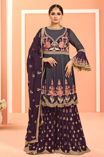 Lovely Embroidered And Lace Work Purple Faux Georgette Plazzo Suit With Net Dupatta