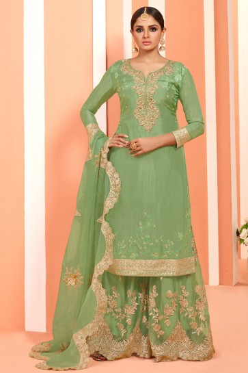 Gorgeous Faux Georgette Light Green Embroidered And Lace Work Plazzo Suit With Net Dupatta