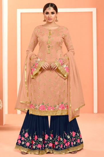 Peach Embroidered And Lace Work Faux Georgette Plazzo Suit With Net Dupatta