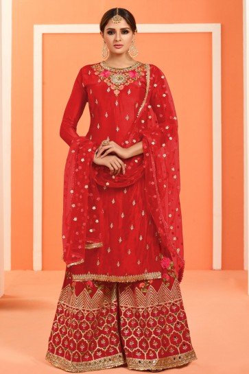 Delightful Red Embroidered And Lace Work Faux Georgette Plazzo Suit With Net Dupatta
