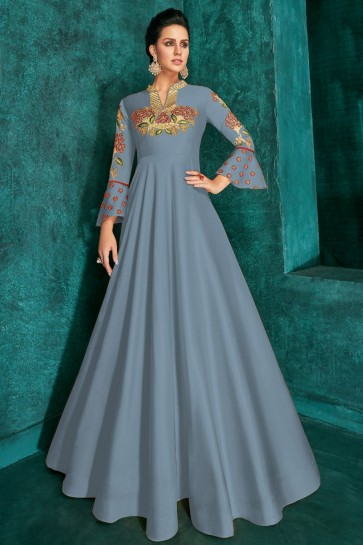 Lovely Sky Blue Silk Fabric Embroidered Designer Gown