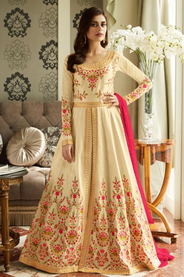 Charming Cream Embroidered Silk Anarkali Suit With Nazmin Dupatta