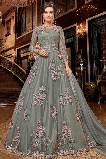 Classy Embroidered Net Grey Anarkali Suit With Net Dupatta