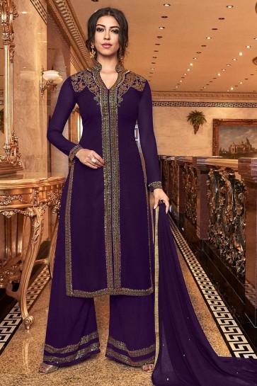 Charming Purple Embroidered Art Silk Plazzo Suit With Net Dupatta