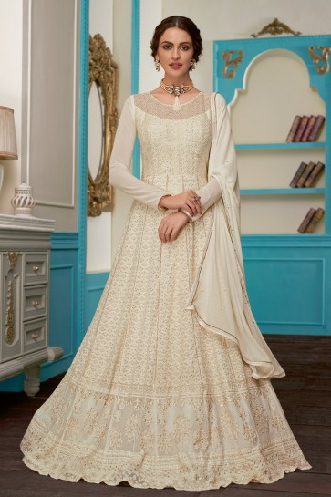 Pretty Off White Embroidered Designer Georgette Fabric Abaya Style Anarkali Suit With Nazmin Dupatta