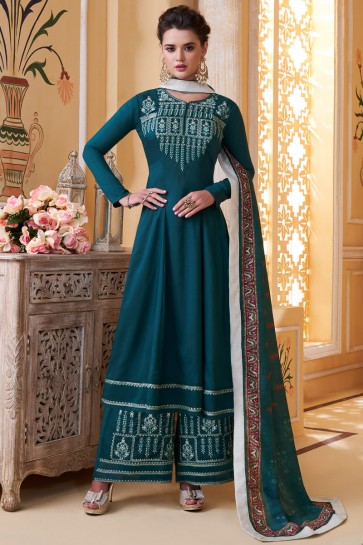 Party Wear Aqua Maslin Fabric Embroidery Work Solid Plazzo Suit And Dupatta