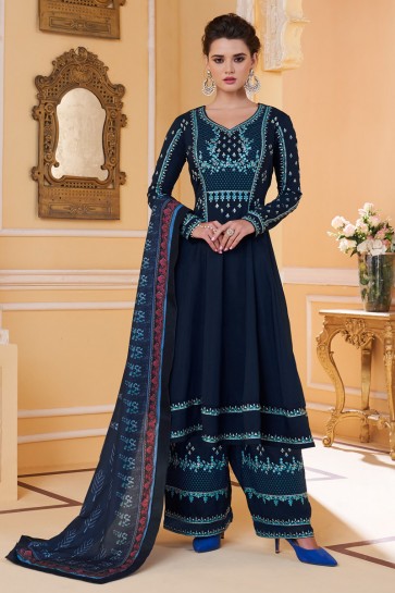 Embroidered Designer Navy Blue Maslin Fabric Stylish Plazzo Suit And Dupatta