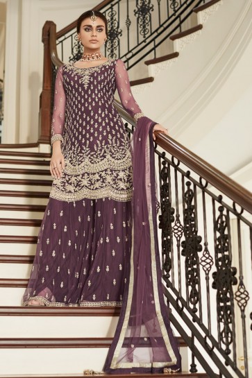 Sharara Style Embroidered And Hand Work Designer Wine Net Fabric Plazzo Suit And Dupatta