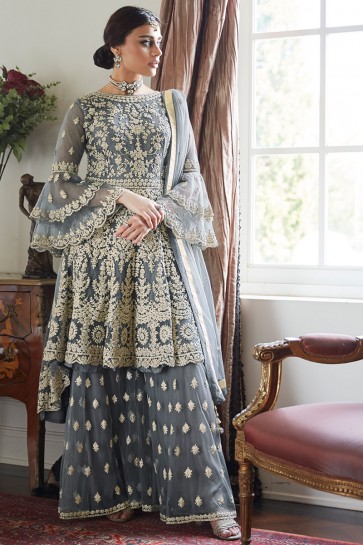 Lovely Net Fabric Grey Hand Work And Embroidered Sharara Style Plazzo Suit And Dupatta