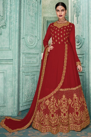 Designer Embroidered Red Faux Georgette Anarkali Suit And Dupatta