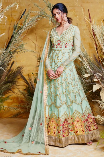 Sky Blue Net Embroidered Anarkali Suit And Dupatta