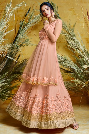 Peach Embroidered Net Anarkali Suit And Dupatta