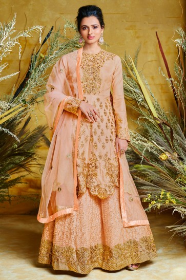 Embroidered Net And Silk Peach Anarkali Suit And Dupatta