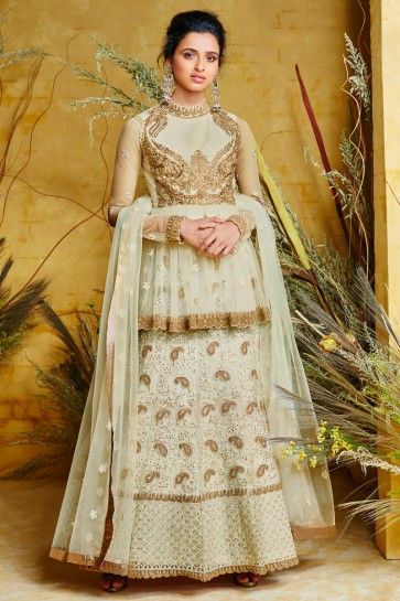 Beautiful Pista Embroidered Designer Net And Silk Anarkali Suit And Dupatta