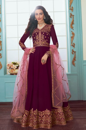 Maroon Georgette Fabric Embroidered Designer Abaya Style Anarkali Suit And Dupatta