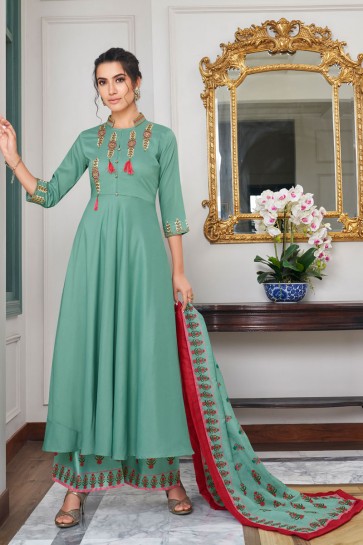 Delightful Pista Embroidered Maslin Plazzo Suit And Dupatta