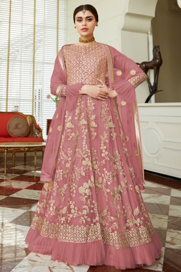 Embroidered Wine Net Anarkali Suit And Dupatta