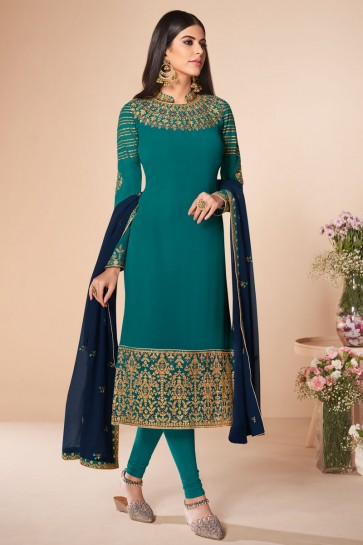 Delightful Sky Blue Embroidered Georgette Salwar Suit And Dupatta