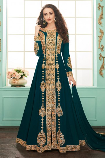 Beautiful Blue Embroidered Designer Georgette Anarkali Suit With Chinon Dupatta