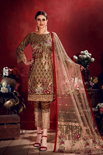 Lovely Embroidered Khaki Georgette Salwar Kameez With Net Dupatta