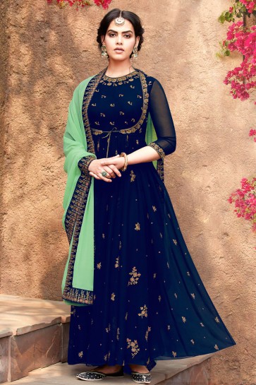 Charming Blue Embroidered Faux Georgette Anarkali Suit With Nazmin Dupatta