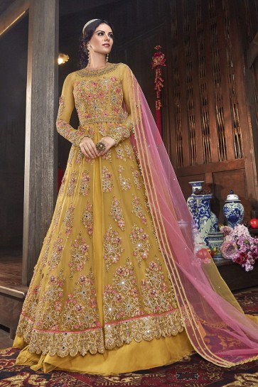 Yellow Net Embroidered Abaya Style Anarkali Suit And Dupatta