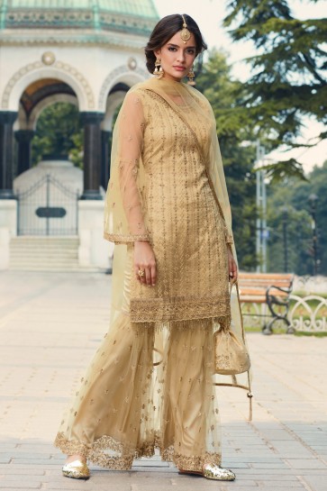 Embroidered Cream Net Fabric Plazzo Suit And Dupatta
