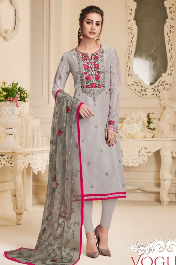 Classic Grey Silk Embroidered Designer Salwar Suit With Chiffon Dupatta
