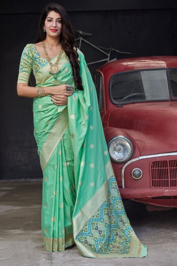 Stunning Green Silk Fabric Weaving With Jacquard Work Saree With Blouse