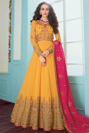 Embroidered Yellow Fuax Georgette Abaya Style Anarkali Suit With Georgette Dupatta