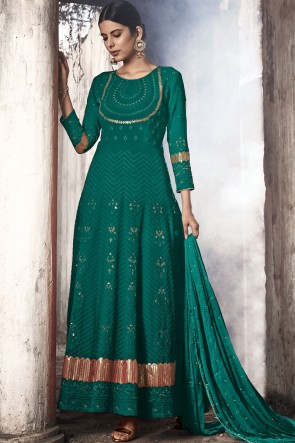 Green Fuax Georgette Embroidered Abaya Style Anarkali Suit With Nazmin Dupatta