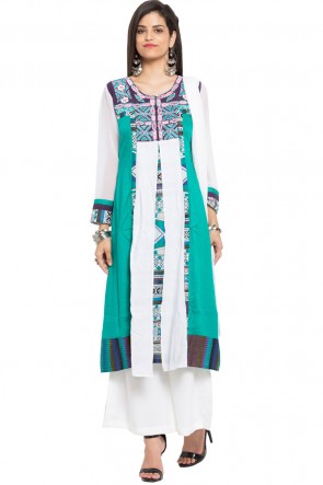 Ultimate Green Cotton Plazzo Plus Size Readymade Salwar Suit With Faux Chiffon Dupatta