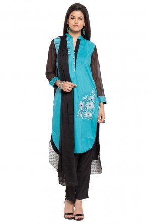 Ultimate Blue Cotton and Faux Crepe Straight Pant Plus Size Readymade Salwar Suit